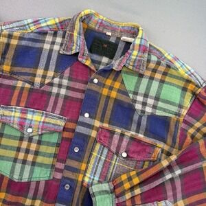 Vtg Tom Tailor Men's M Western Shirt Multicolor Plaid Flannel Pearl Buttons 90s